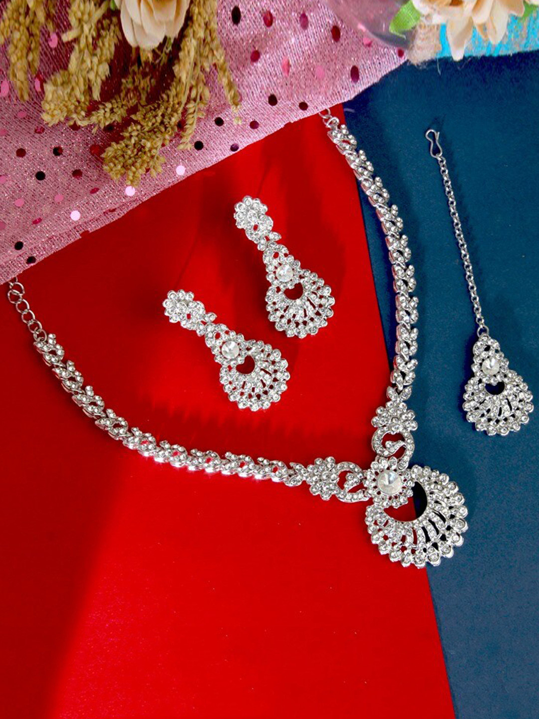 Atasi International Silver-Plated White Crystal-Studded Fancy Flower Design Jewellery Set