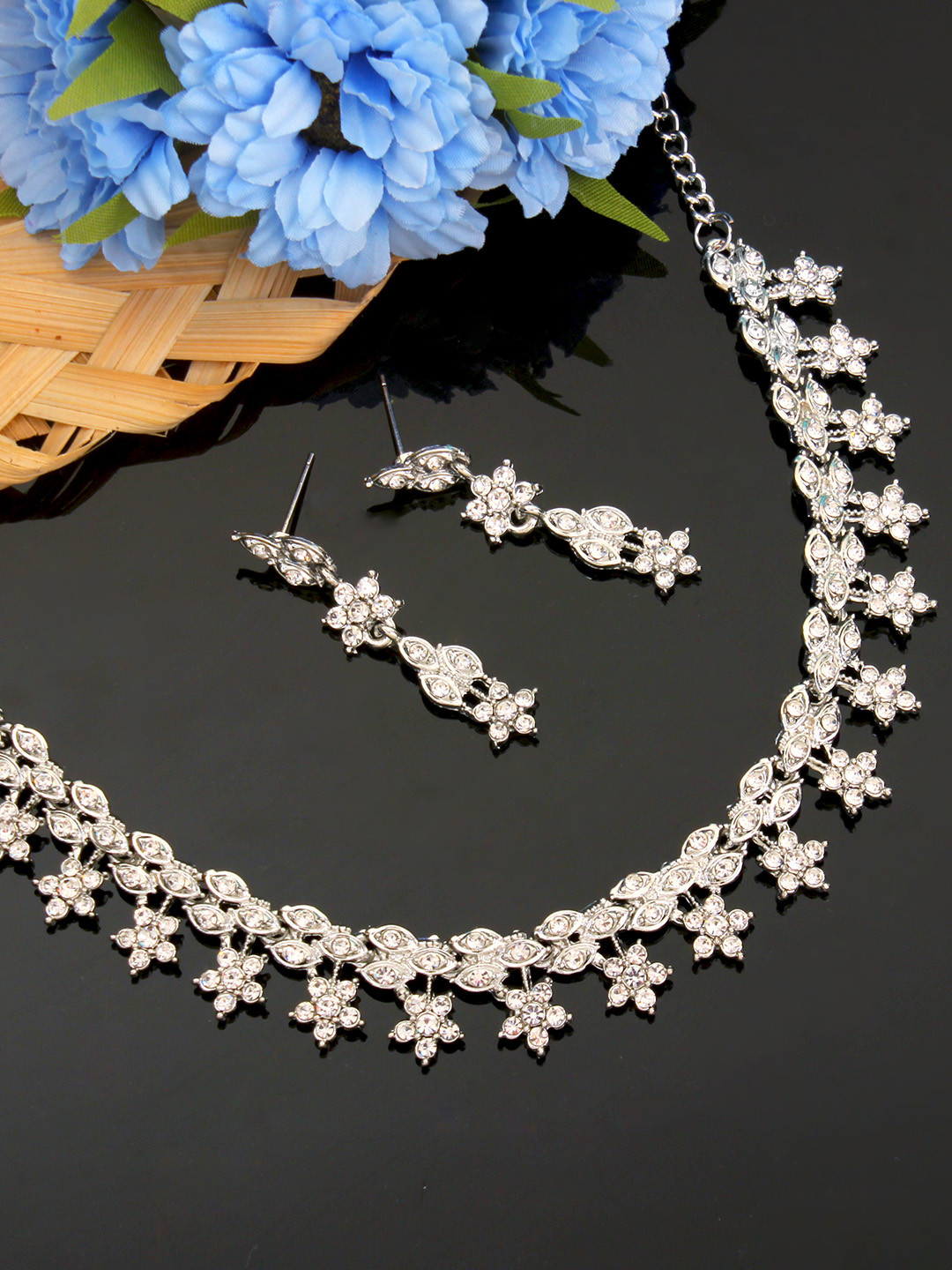 Atasi International Silver-Plated White Stone-Studded Choker Jewellery Set