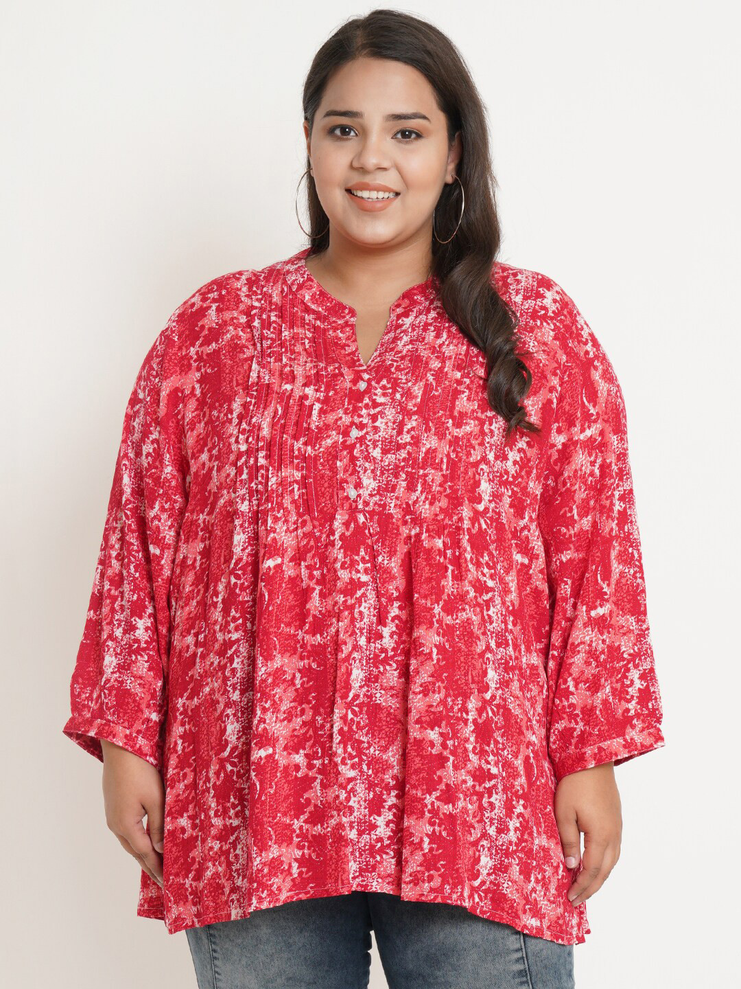 IX IMPRESSION Women Plus Size Red Floral Printed Mandarin Collar Top