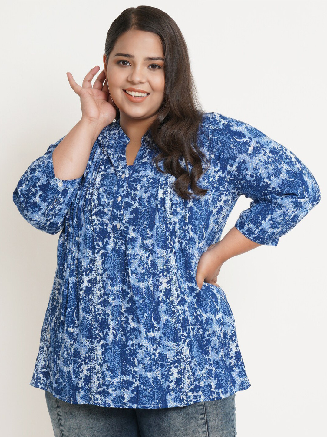 IX IMPRESSION Women Plus Size Blue & White Abstract Mandarin Collar Shirt Style Top