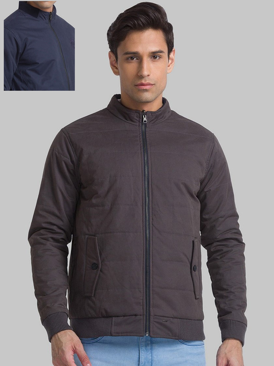 Raymond Men Brown & Navy Blue Reversible Activewear Bomber Jacket