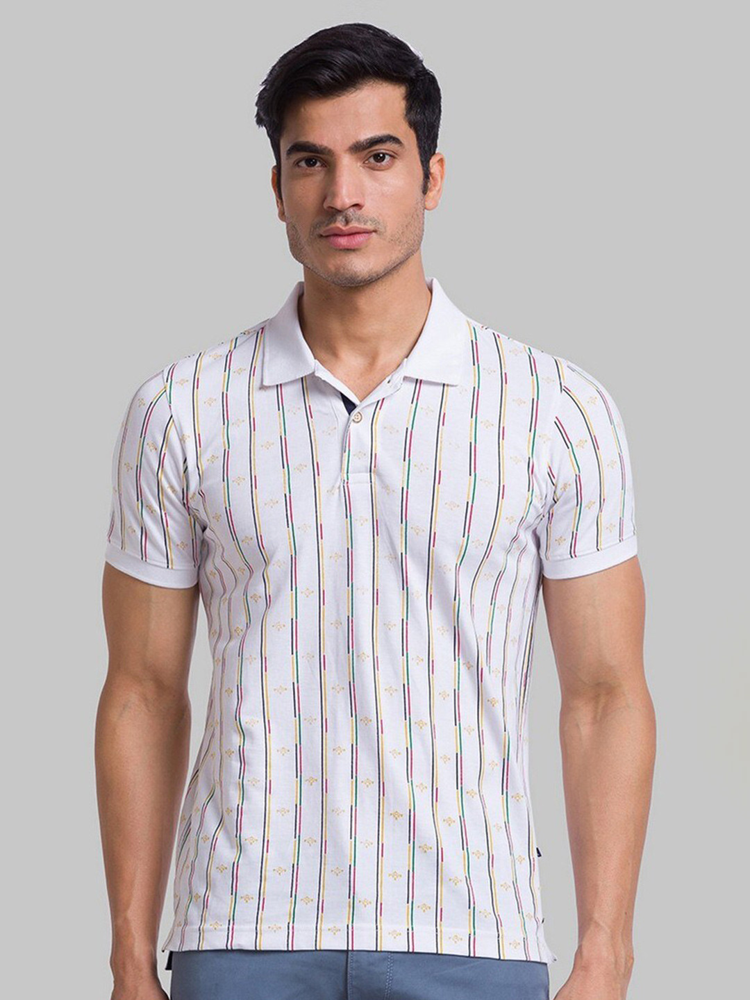 Parx Men White Striped Polo Collar Extended Sleeves Organic Cotton T-shirt
