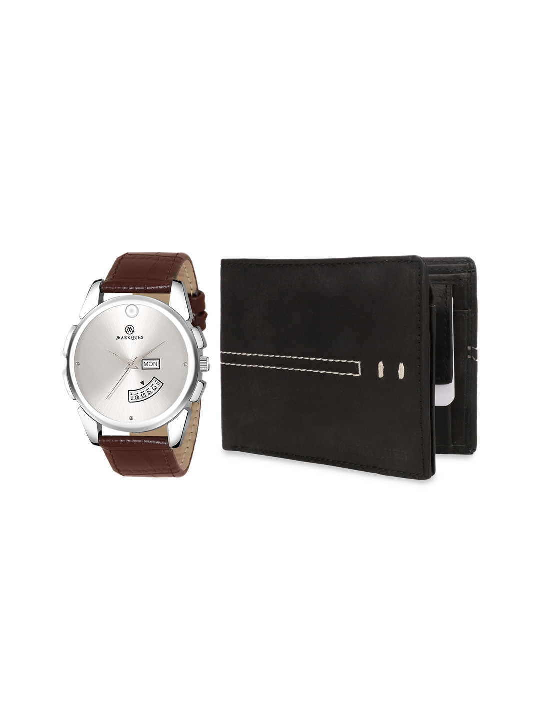 MARKQUES Men Black Leather Wallet & Brown Watch Combo Gift Set