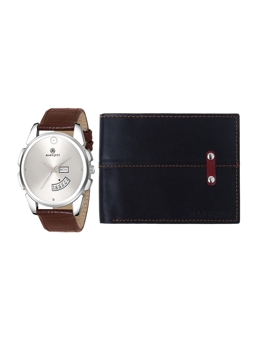MARKQUES Set of 2 Men Black Leather Wallet & Brown Watch Combo Gift Set