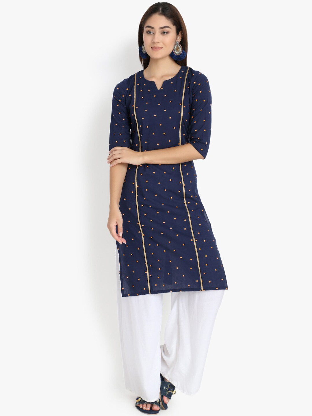 DIVINATION Women Navy Blue Geometric Printed Keyhole Neck Thread Work Kurta