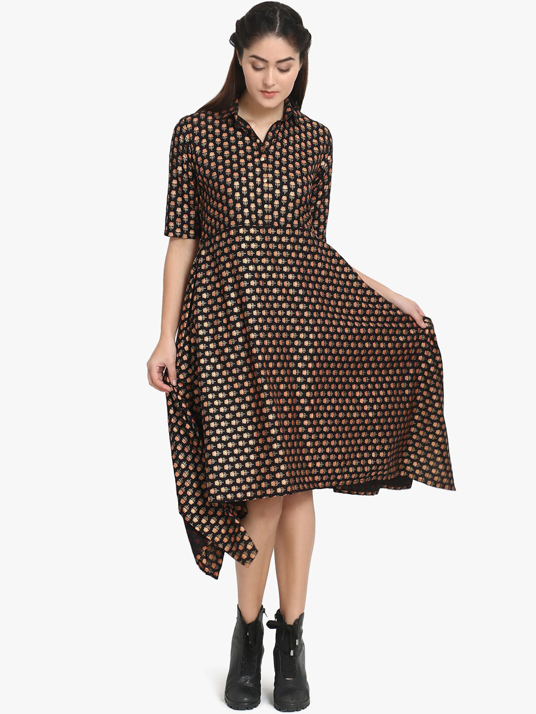 DIVINATION Women Black & Orange Ethnic Motifs Printed Kurta