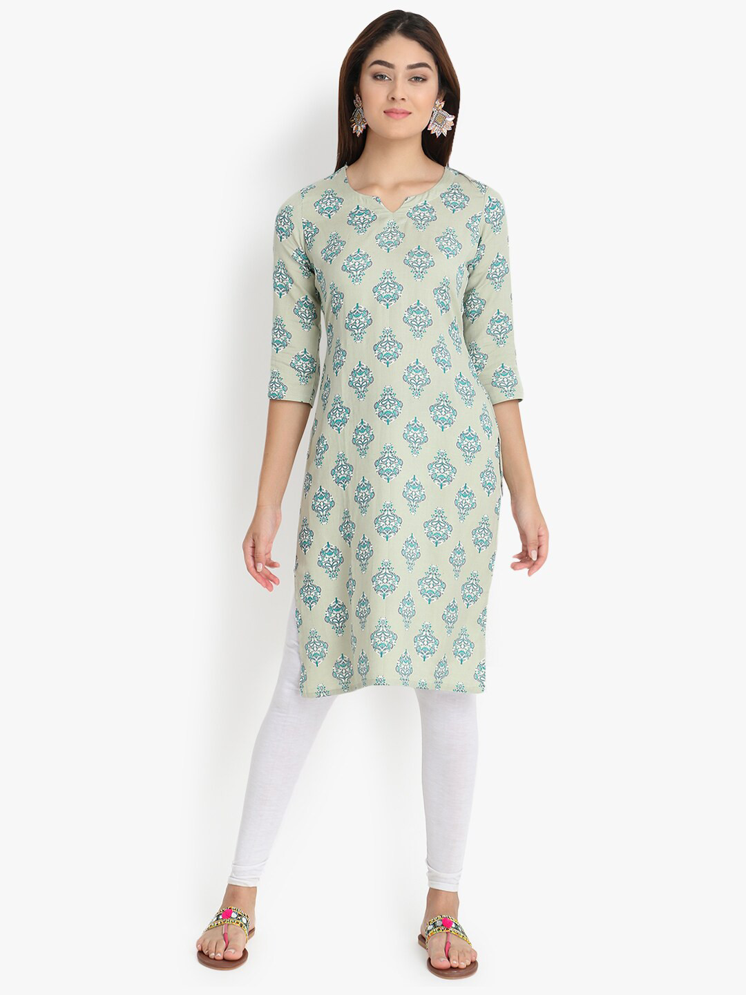 DIVINATION Women Off White & Blue Ethnic Motifs Printed Kurta