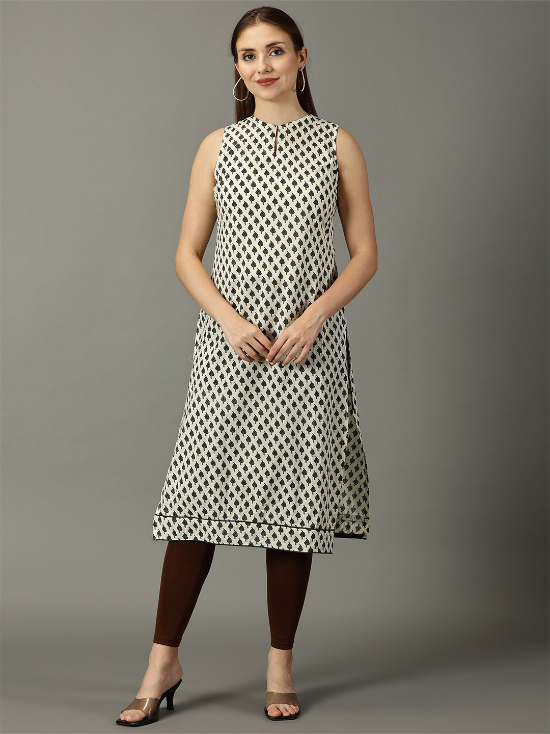 DIVINATION Women Off White & Black Ethnic Motifs Printed Cotton Straight Kurta