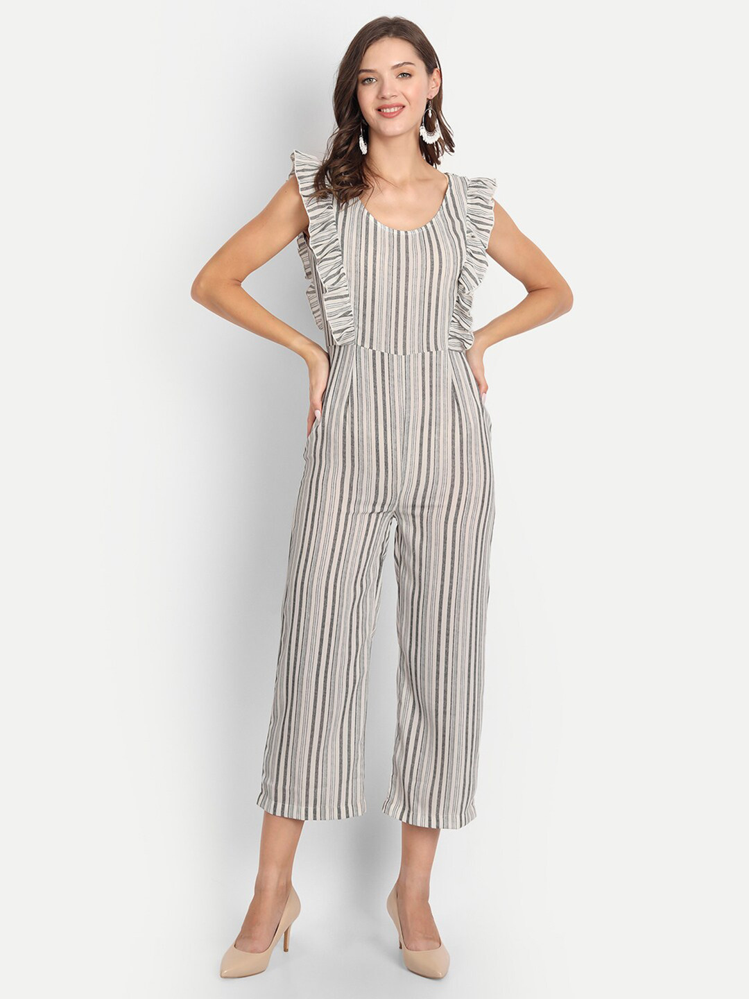 D 'VESH Off White & Grey Striped Capri Jumpsuit with Ruffles