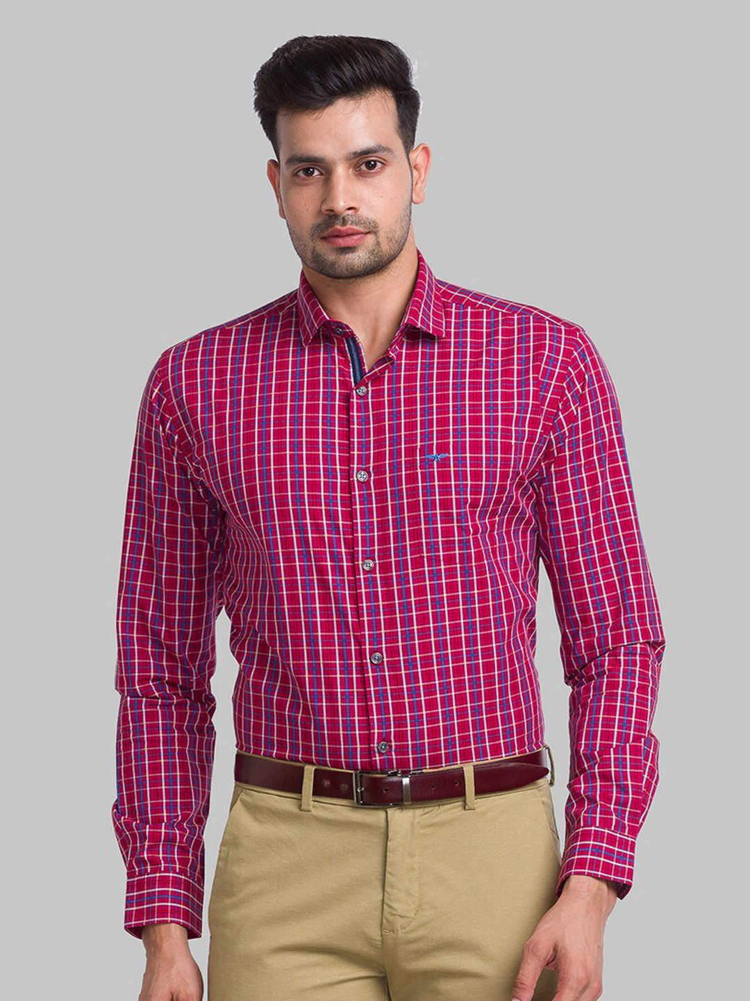 Park Avenue Men Red Slim Fit Grid Tattersall Checks Checked Organic Cotton Formal Shirt