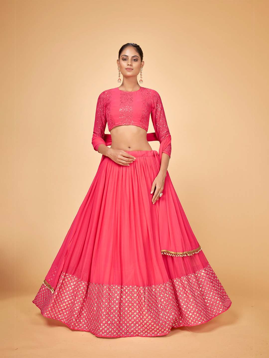 Cloth's Villa Women Pink Sequinned Semi-Stitched Lehenga Choli With Dupatta