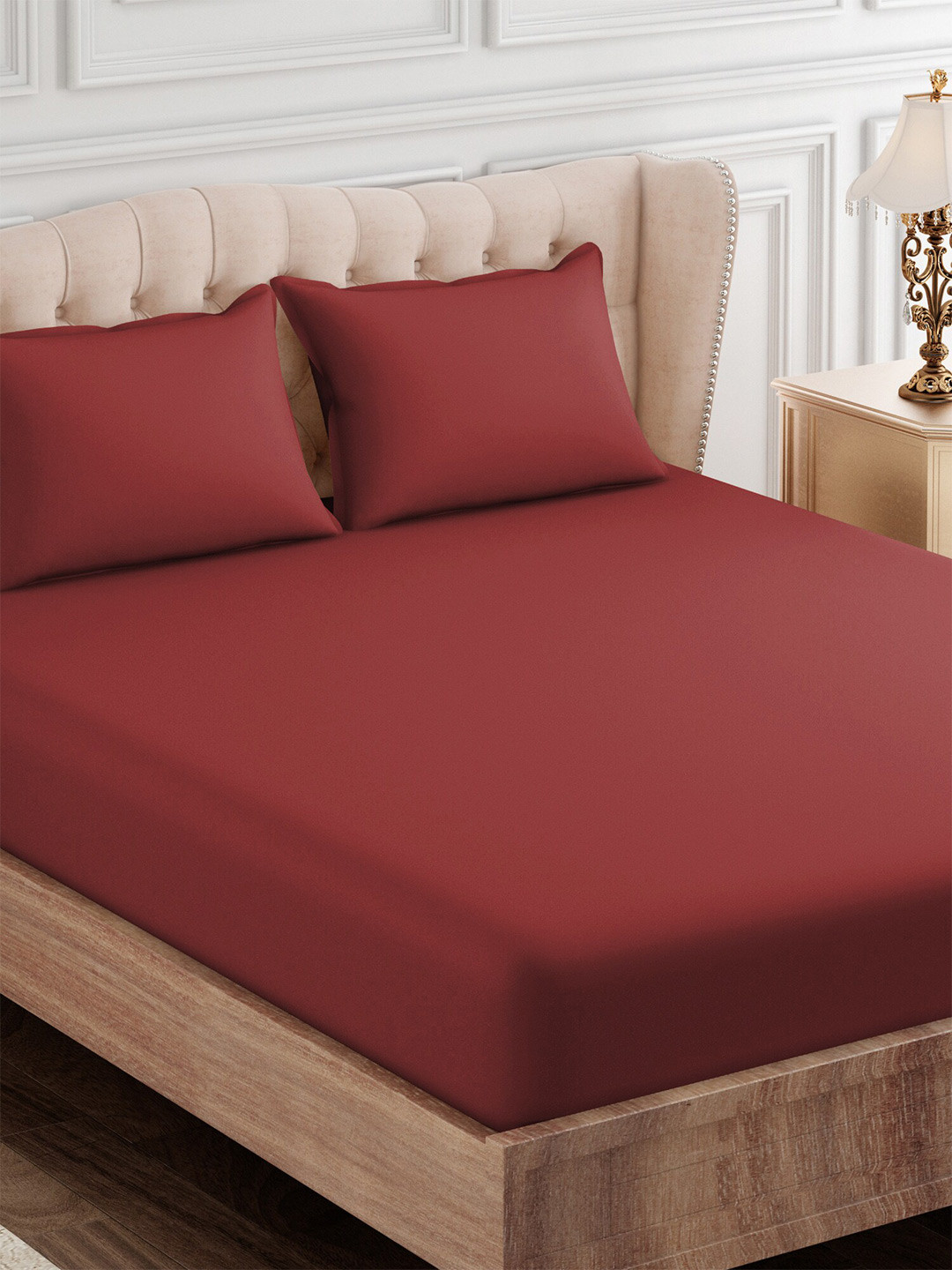 SEJ by Nisha Gupta Maroon Cotton 300 TC King Fine Bedsheet with 2 Pillow Covers-108 x 108 inches