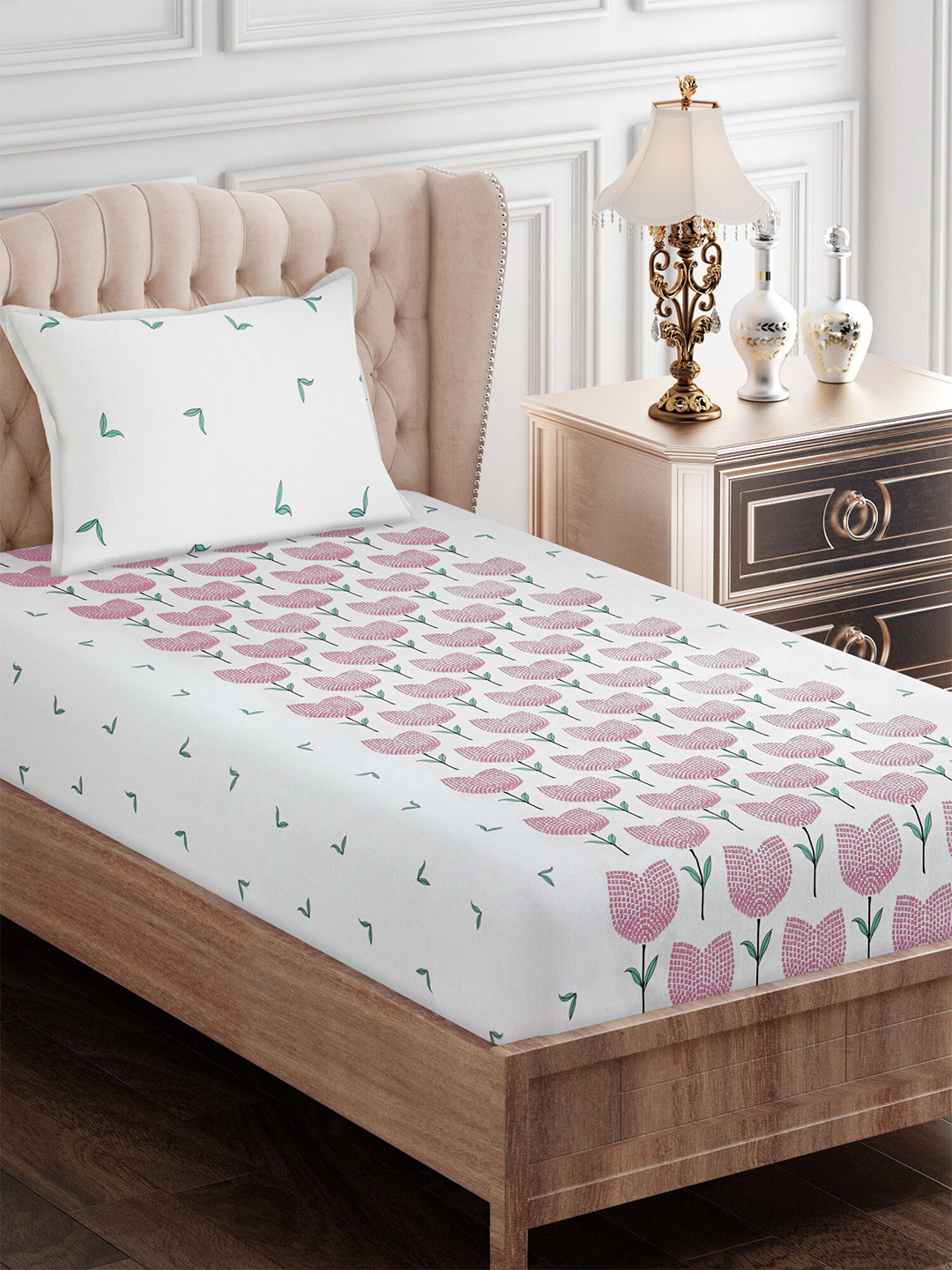 SEJ by Nisha Gupta Pink Floral Cotton 144 TC Single Bedsheet with a Pillow Cover-143 x 220 cm