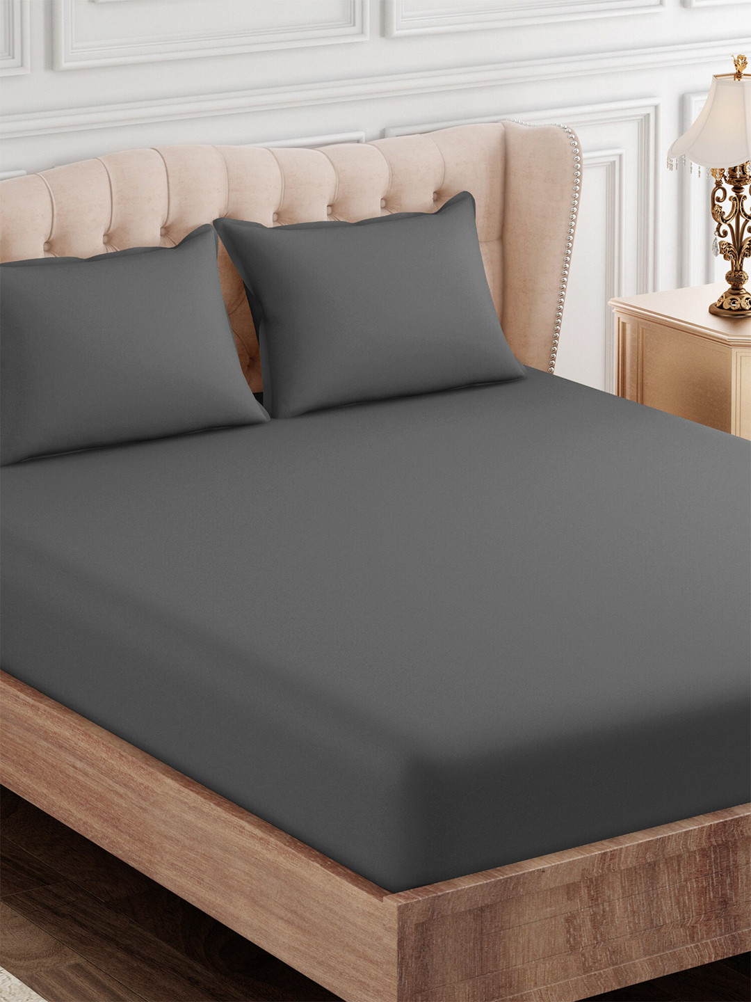 SEJ by Nisha Gupta Premium Grey Cotton 300 TC Flat King Fine Bedsheet with 2 Pillow Covers-108 x 108 inches