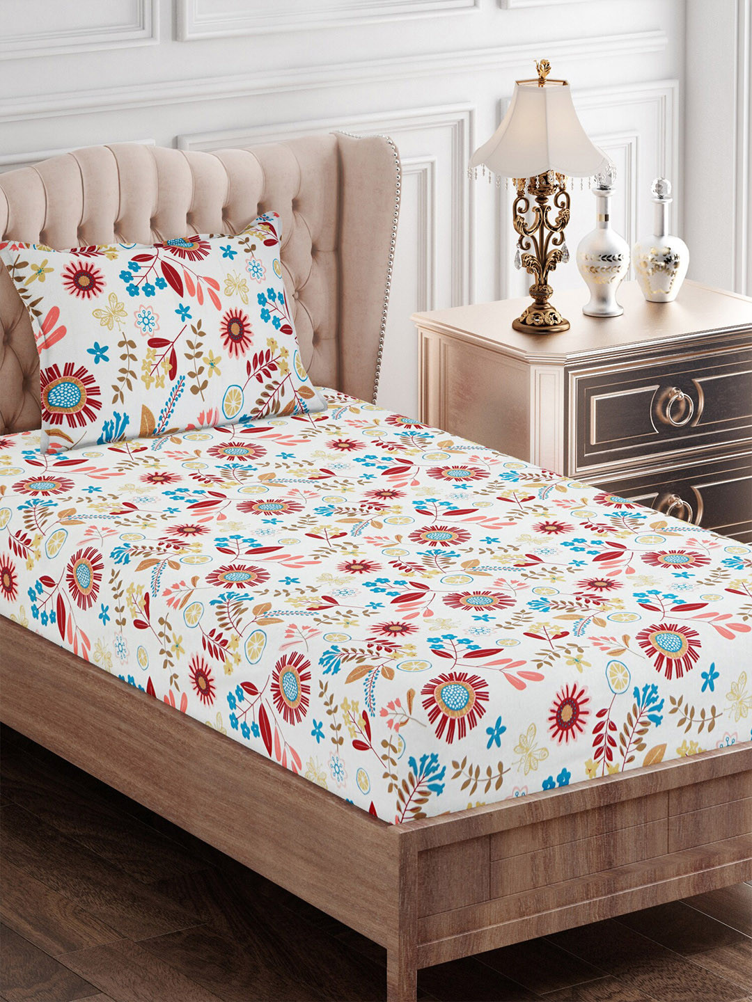 SEJ by Nisha Gupta Red Floral Cotton 144 TC Single Bedsheet with a Pillow Cover-143 x 220 cm