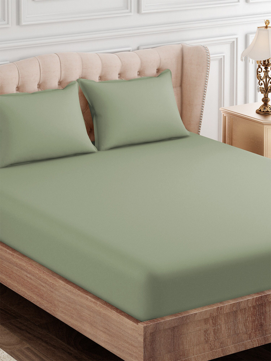 SEJ by Nisha Gupta Green Cotton 300 TC King Fine Bedsheet with 2 Pillow Covers-108 x 108 inches