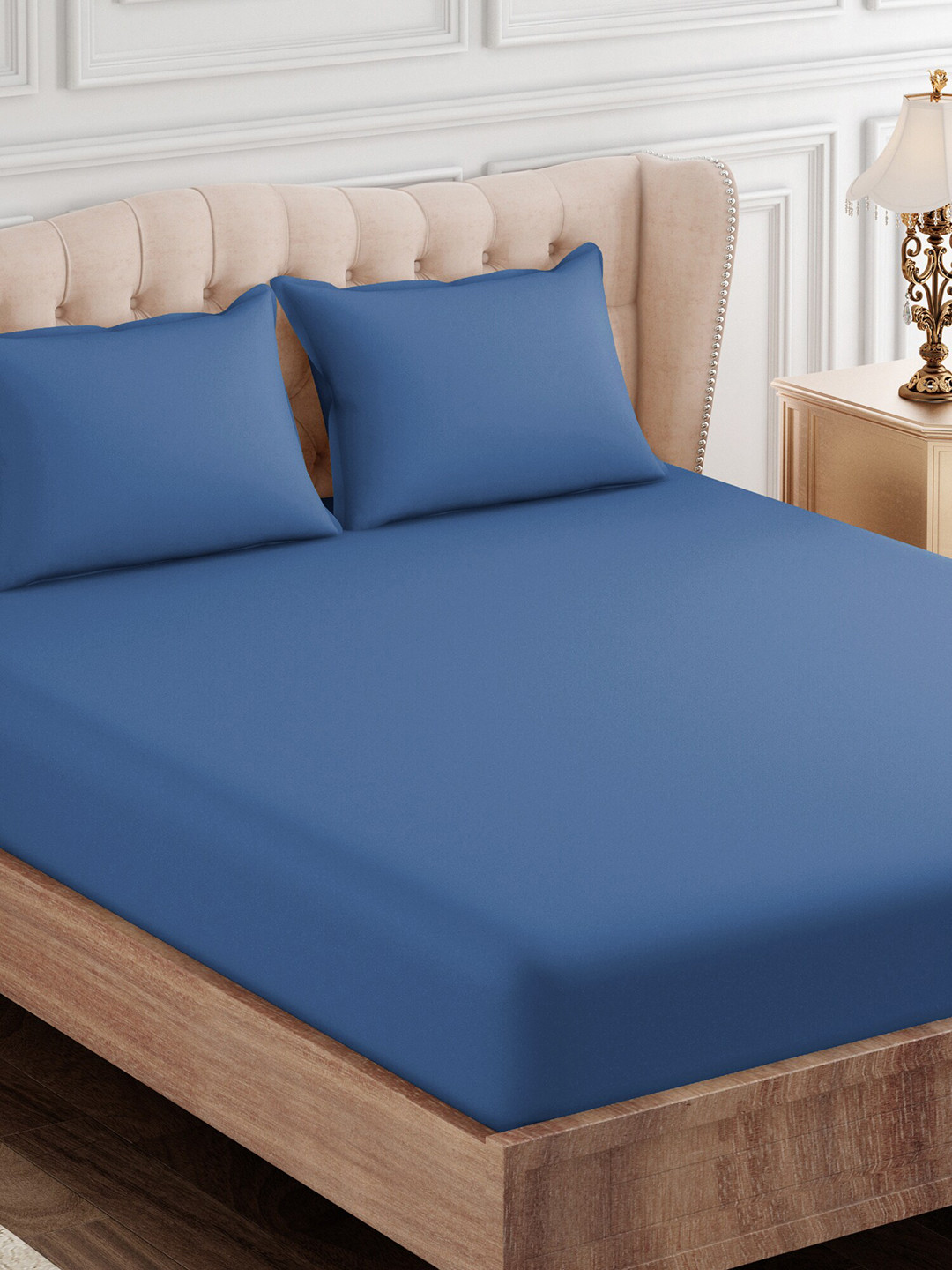 SEJ by Nisha Gupta Premium Blue Cotton Breathable 300 TC Flat King Fine Bedsheet with 2 Pillow Covers-108 x 108 inches