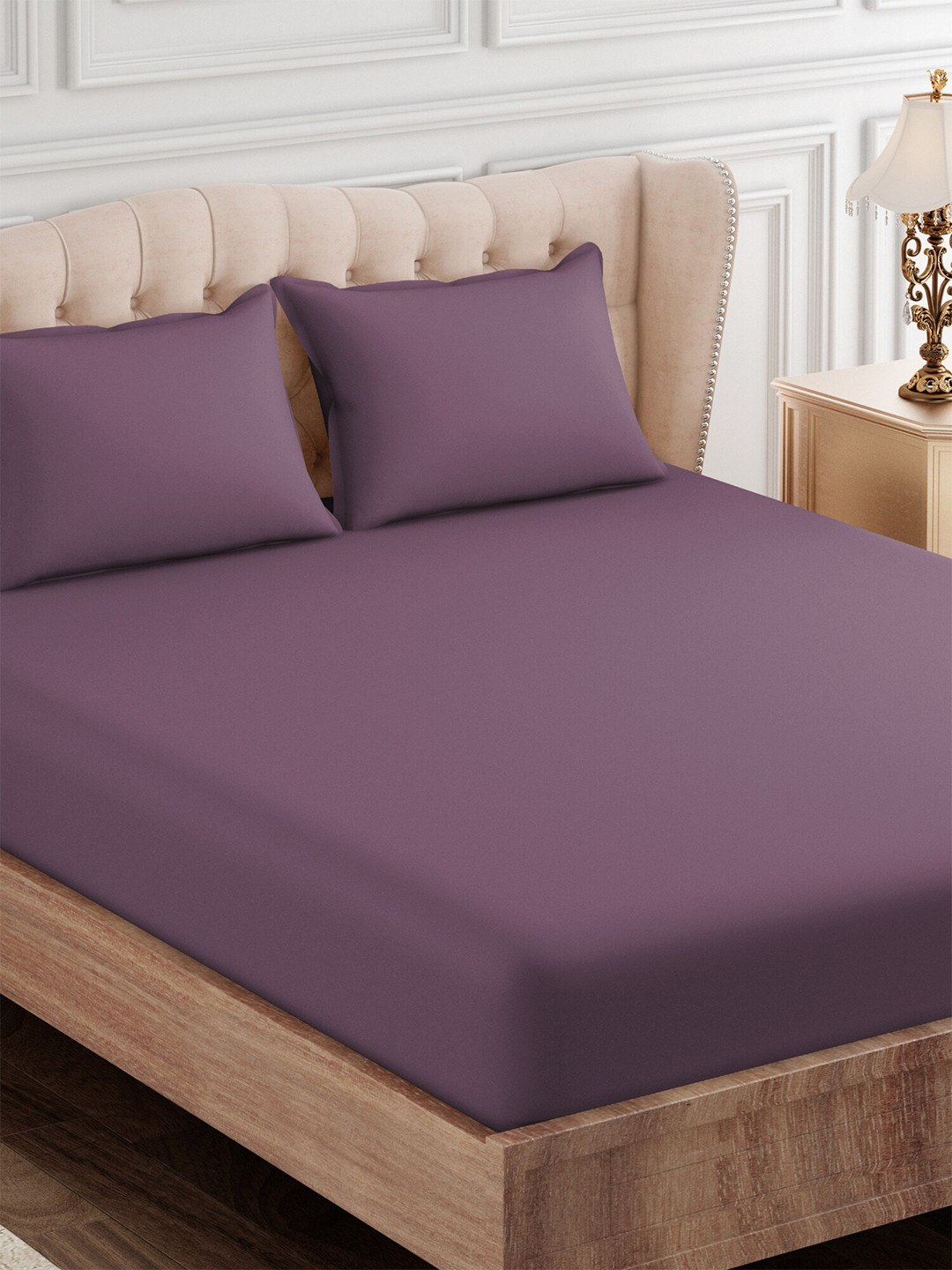 SEJ by Nisha Gupta Plum Premium Purple Cotton 300 TC Flat King Fine Bedsheet with 2 Pillow Covers-108 x 108 inches
