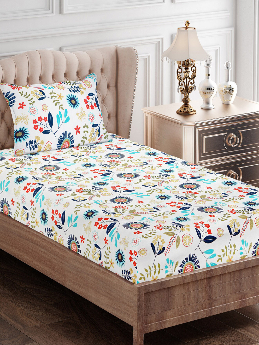 SEJ by Nisha Gupta Blue Floral Cotton 144 TC Flat Single Bedsheet with a Pillow Cover-56 x 87 inches
