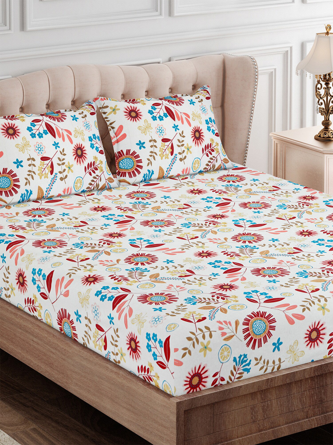 SEJ by Nisha Gupta Maroon Floral Cotton 144 TC Queen Bedsheet with 2 Pillow Covers-220 x 240 cm