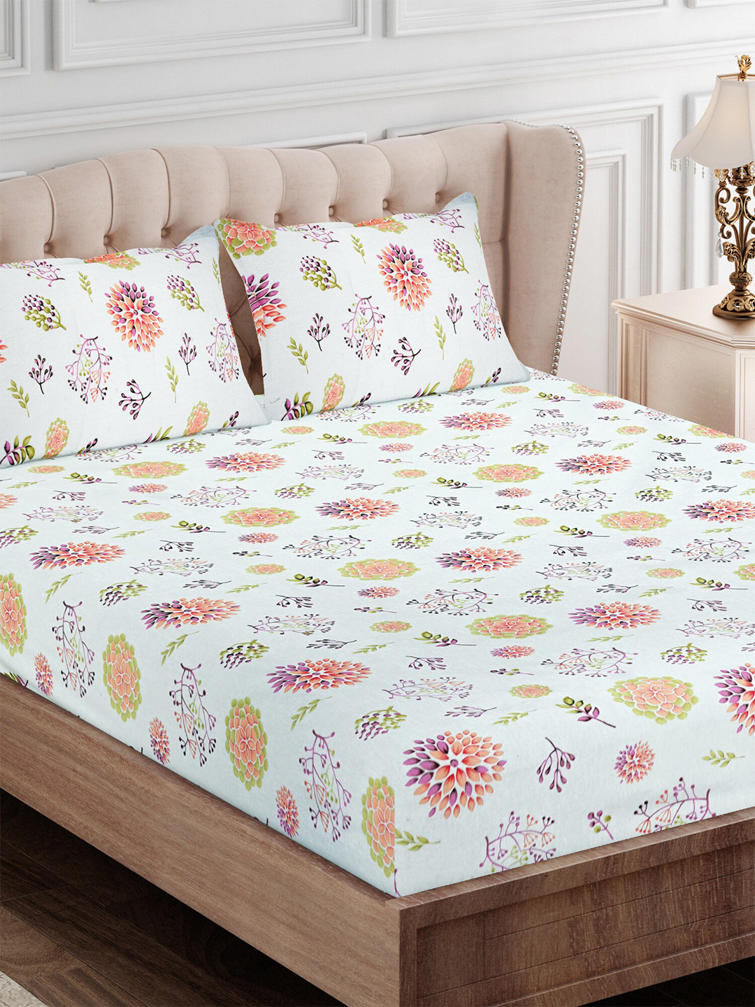 SEJ by Nisha Gupta Pink Floral Cotton 144 TC Queen Bedsheet with 2 Pillow Covers-220 x 240 cm