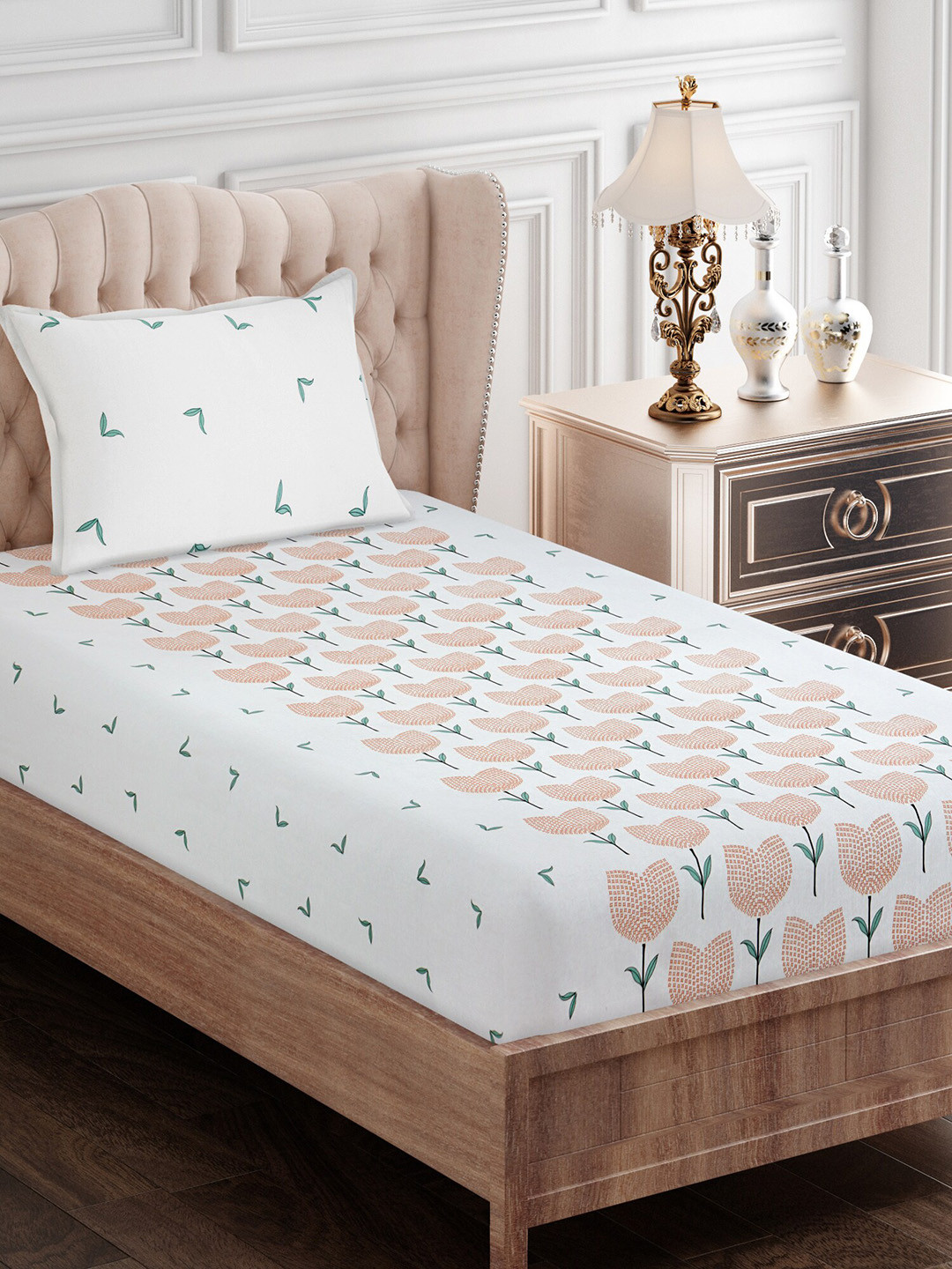 SEJ by Nisha Gupta Brown Floral Cotton 144 TC Single Bedsheet with a Pillow Cover-143 x 220 cm