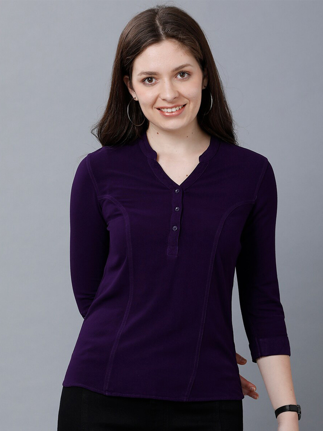 IDENTITI Women Purple Mandarin Collar Roll-Up Sleeves Top