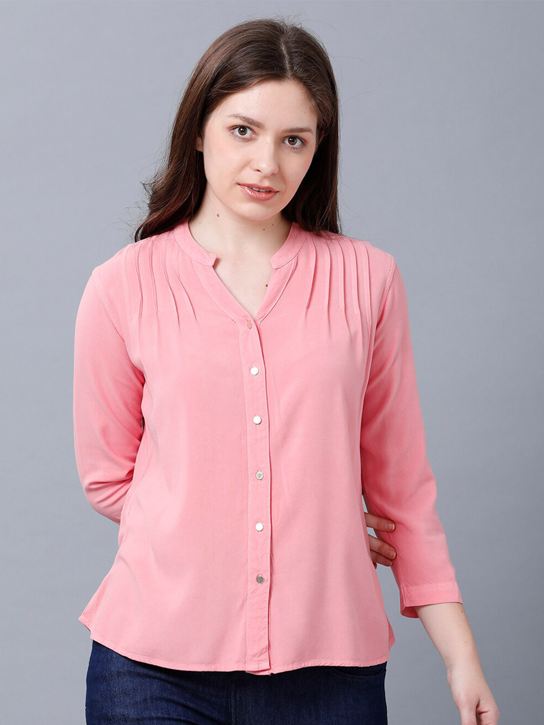 IDENTITI Women Pink Mandarin Collar Shirt Style Top