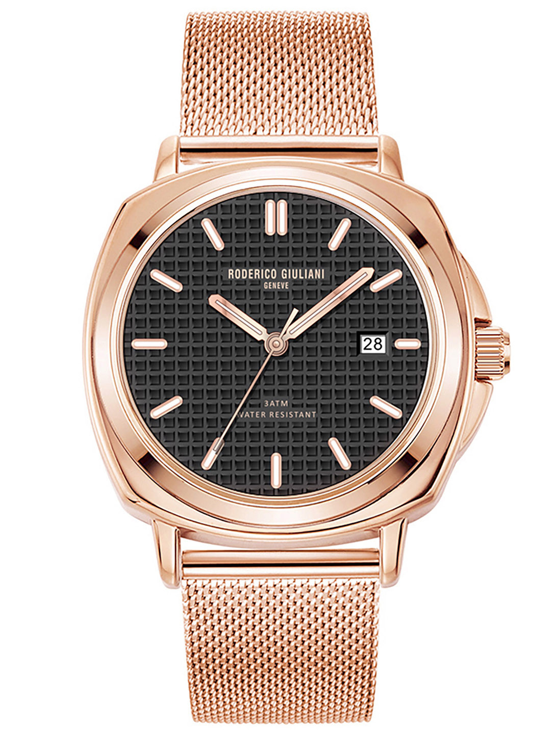RODERICO GIULIANI Unisex Black Dial & Rose Gold Toned Stainless Steel Bracelet Style Straps Analogue Watch RG-MMSA75000003