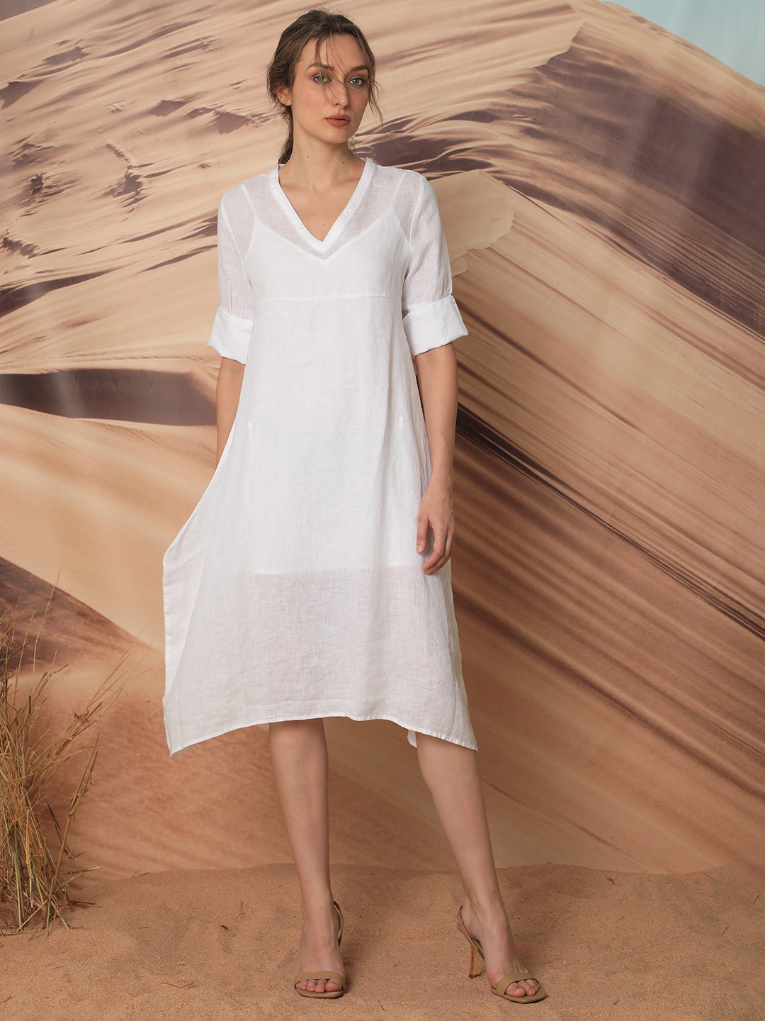 RAREISM White Linen A-Line Dress