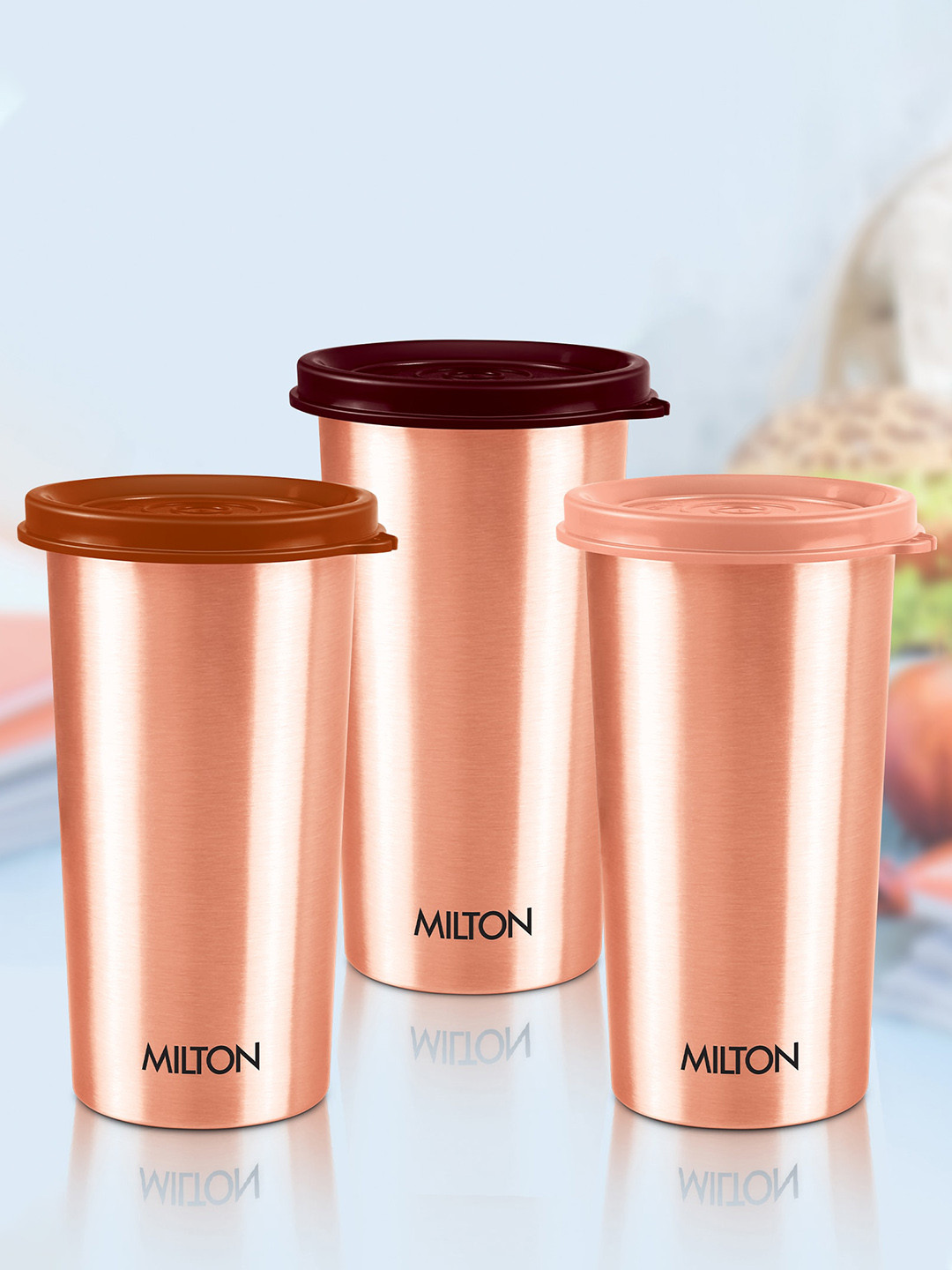 Milton Set Of 6 Copper Drinking Water Tumblers With Lid 480 ml
