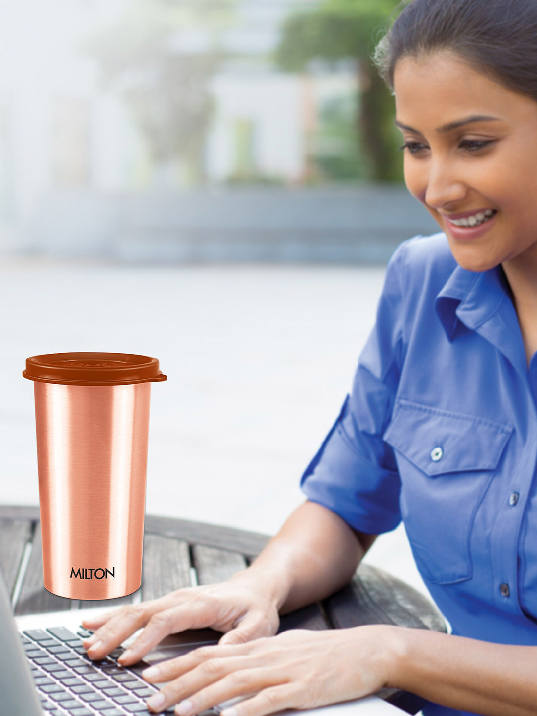 Milton Copper-Toned Set Of 3 Solid Copper Tumblers with Lid 480ml Each