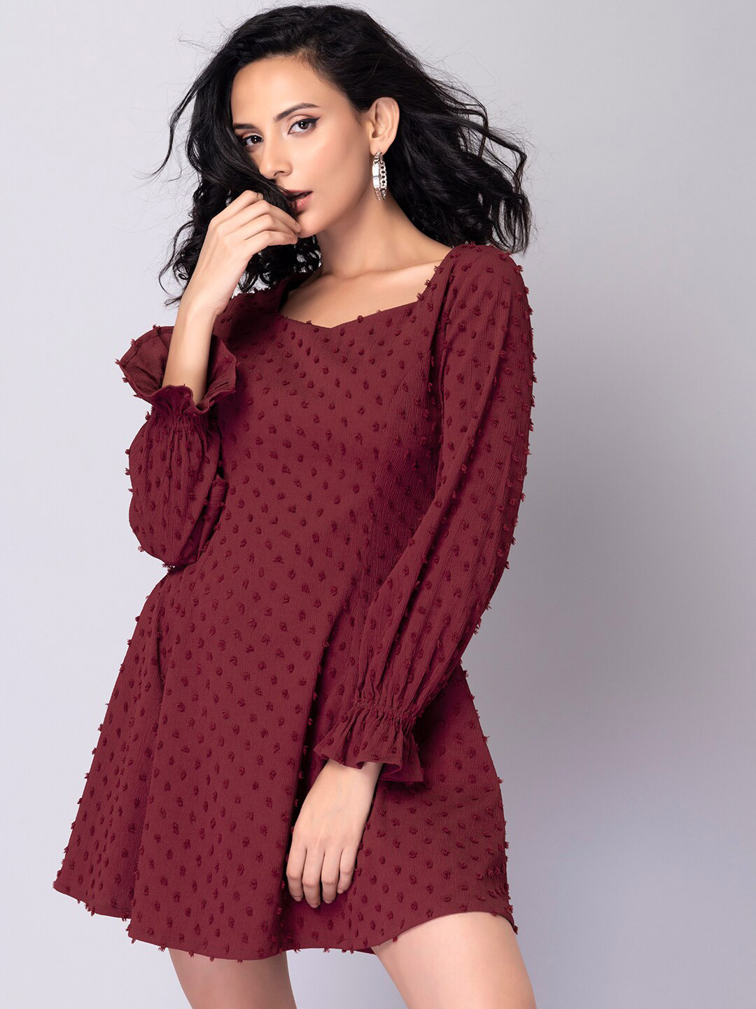 FabAlley Maroon Crepe A-Line Dress
