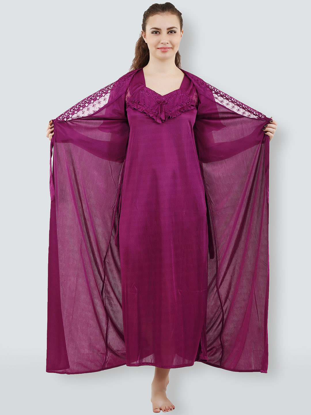 Romaisa Women Magenta Solid Lace Detail 2 Piece Satin Maxi Wrap Nightdress