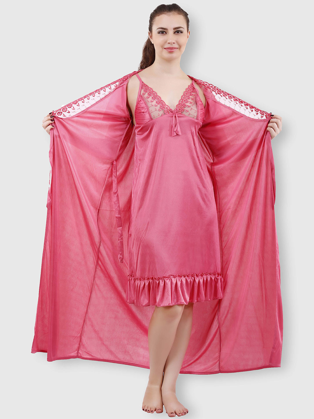 Romaisa Women Pink Solid Lace Detail 2 Piece Satin Maxi Wrap Nightdress