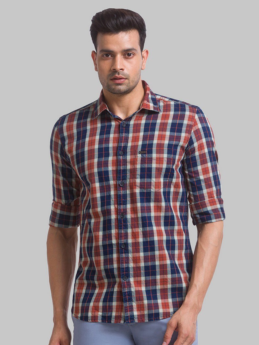 Parx Men Red Pure Cotton ???????Tartan Roll Up Sleeves Spread Collar Checked Casual Shirt