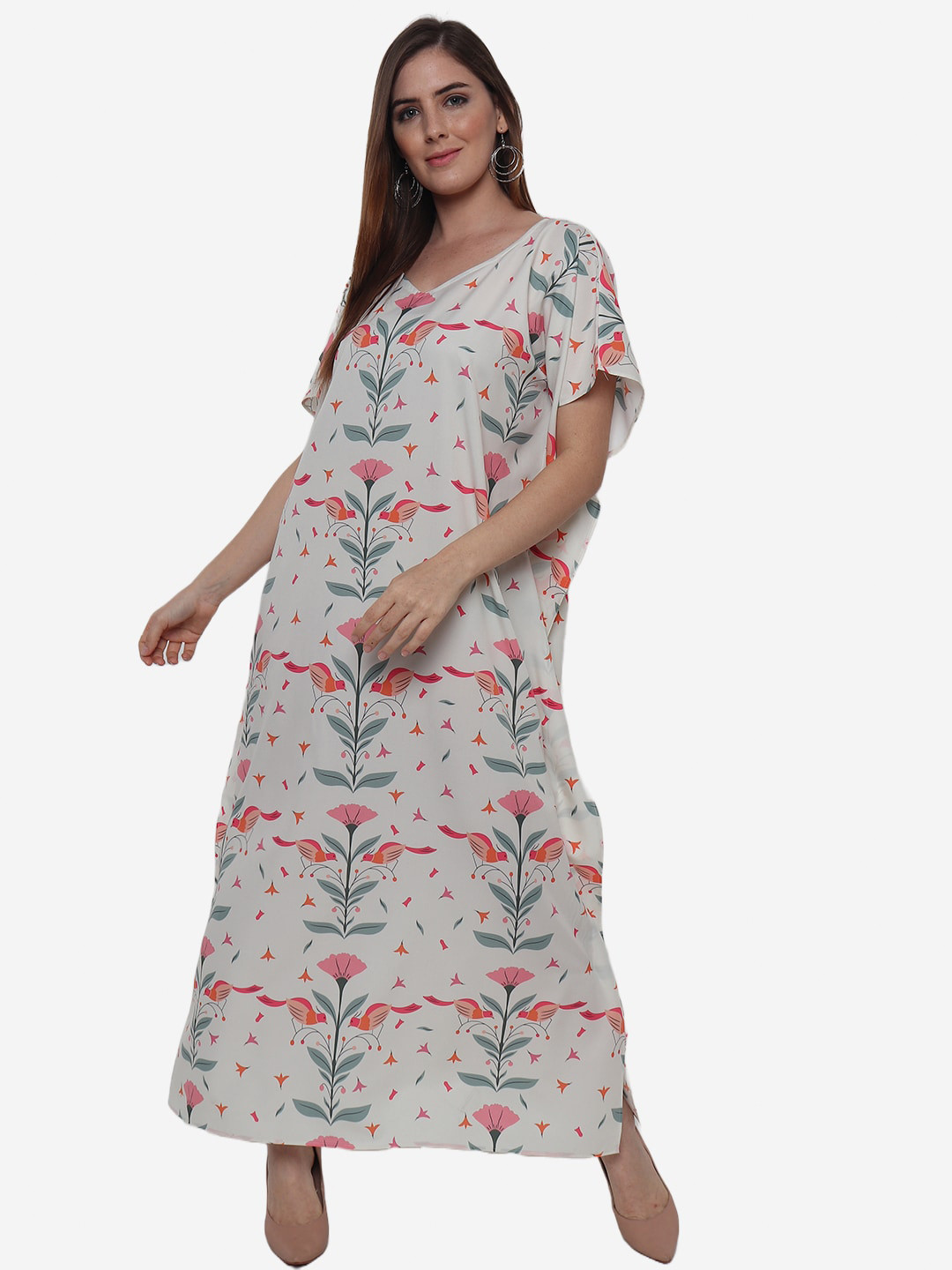 Beau Design Off White Printed Kaftan Nightdress