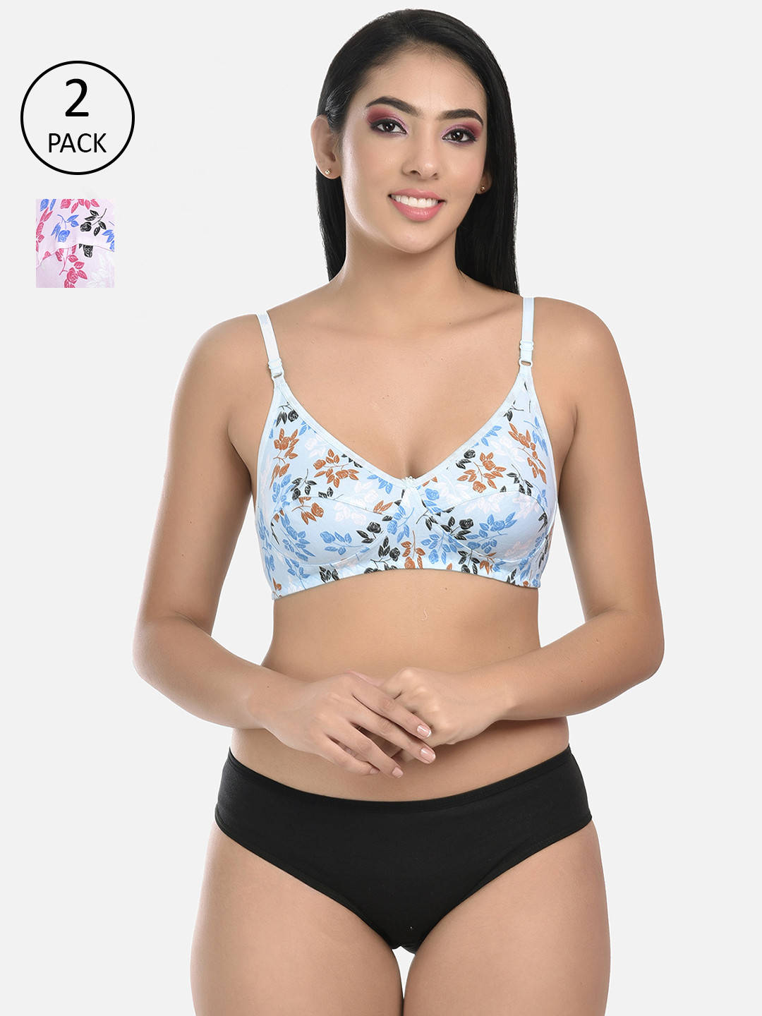 StyFun Women Pack of 2 Blue & Pink Floral Lingerie Set