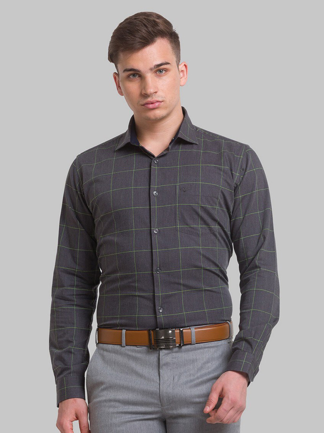 Park Avenue Men Grey Slim Fit Windowpane Checks Opaque Checked Formal Shirt