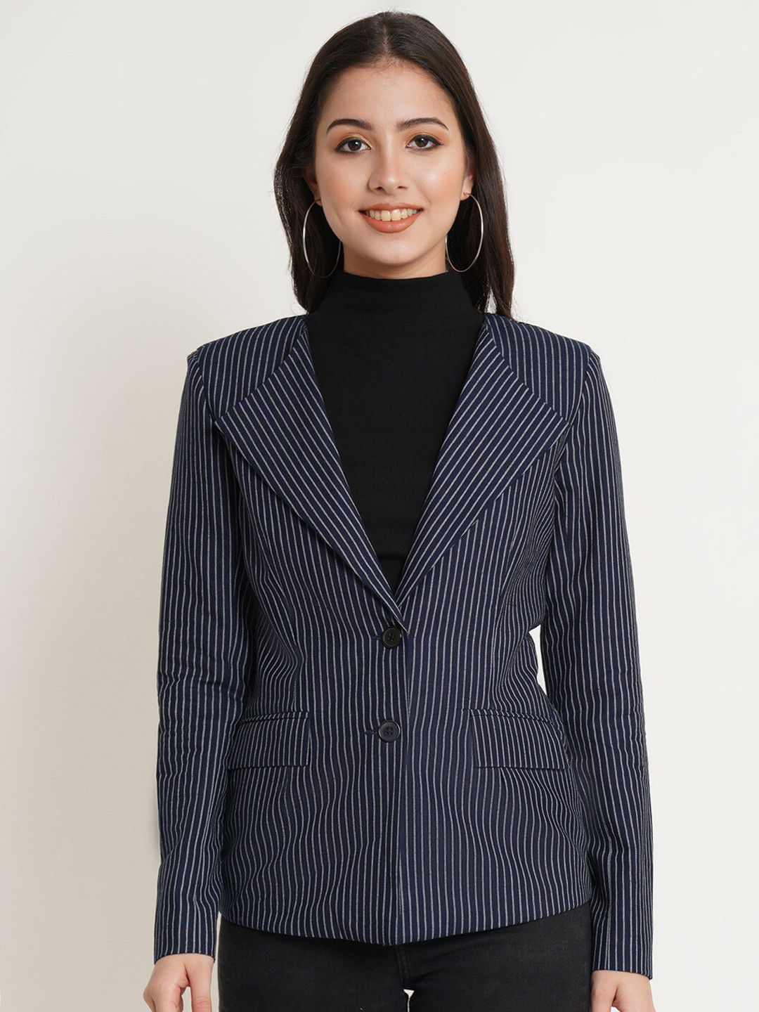 Purple State Women Blue & Grey Striped Single-Breasted Slim-Fit Blazer