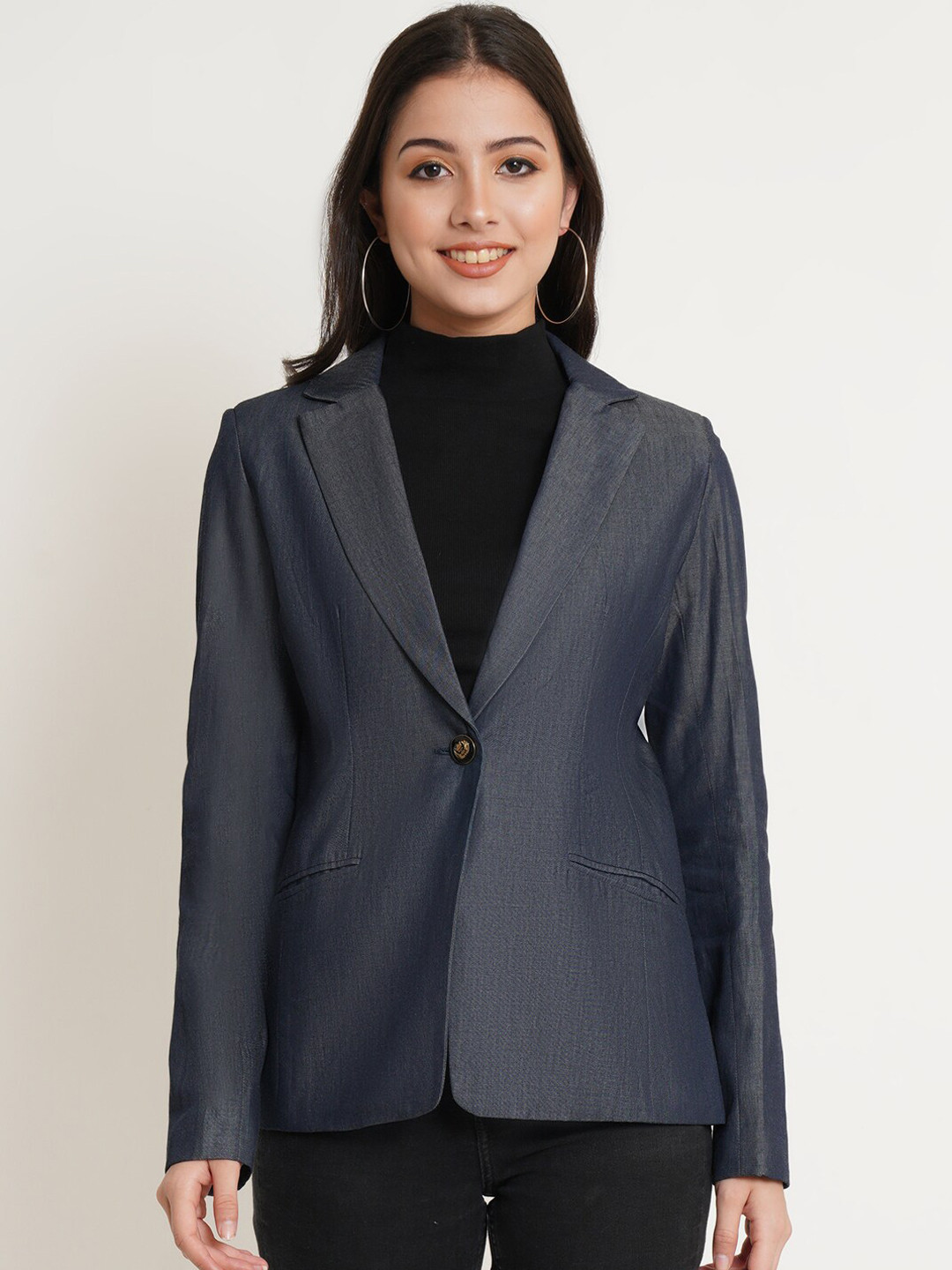 Purple State Women Blue Solid Single-Breasted Formal Blazer