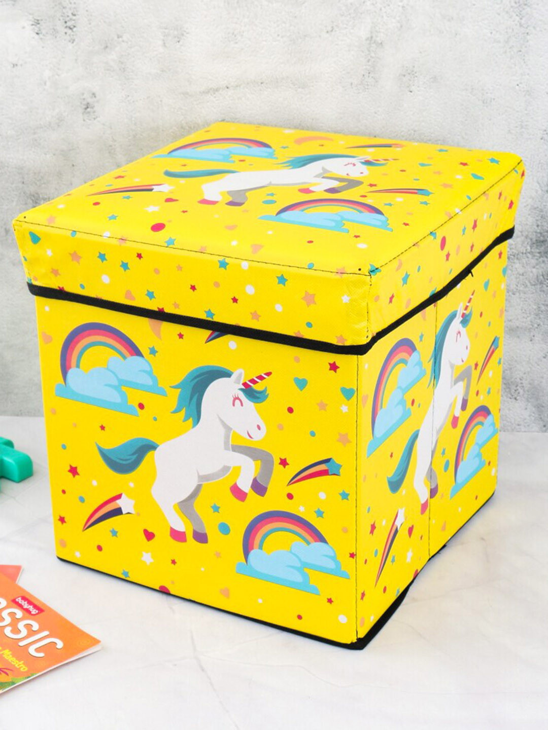 Yellow Bee Kids Yellow Printed Multi-Functional Folding Storage Box Organizer With Seat Cushion