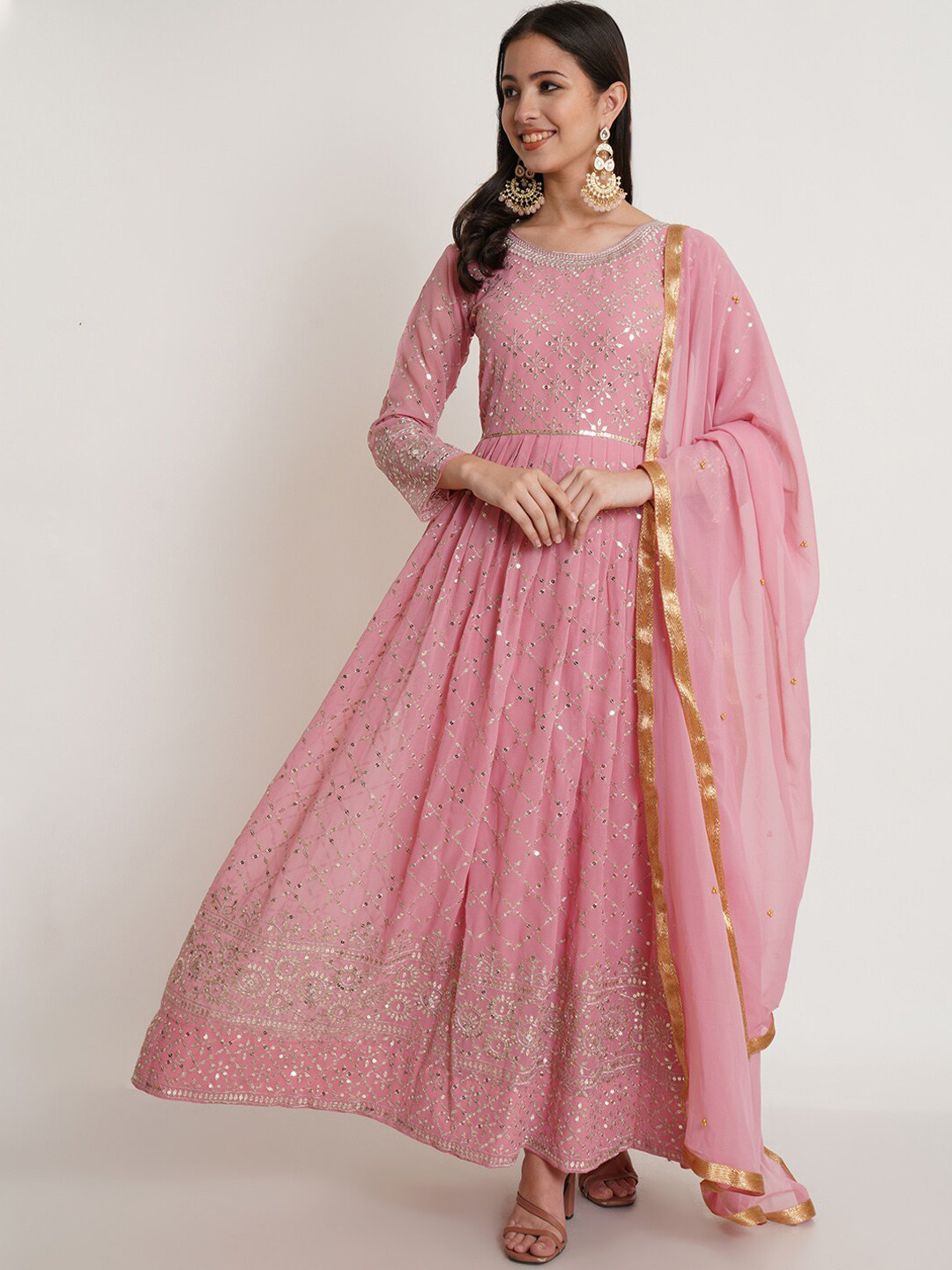 Purple State Women Pink Ethnic Motifs Empire Sequinned Kurta with Churidar & With Dupatta