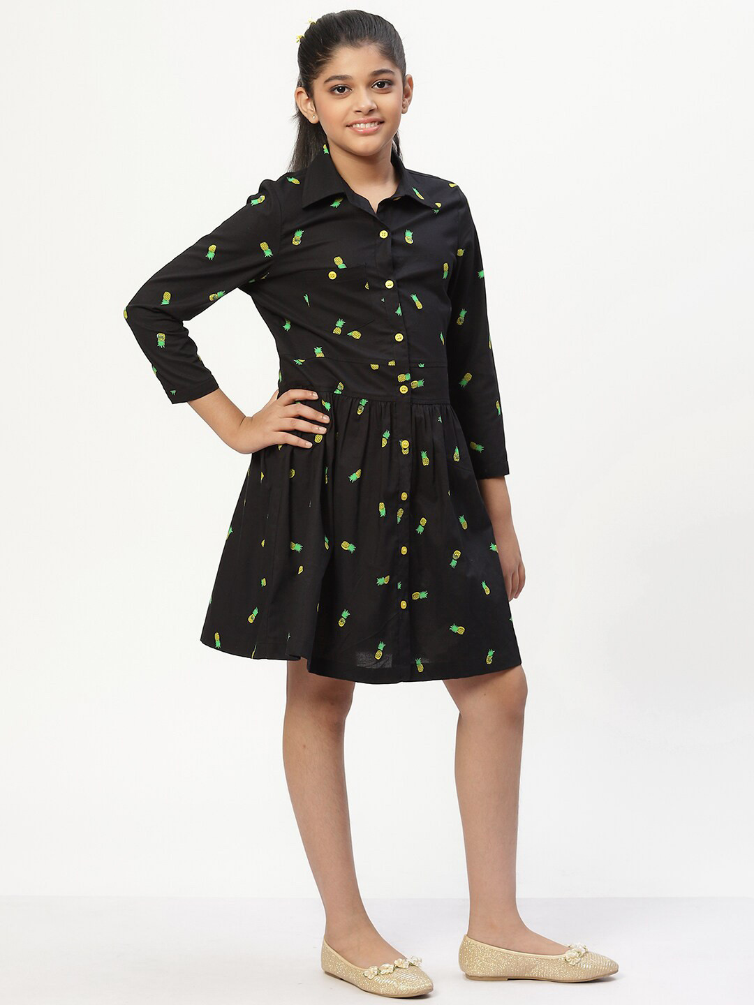 Merrigo Kidz Girls Black & Yellow Shirt Style Long Sleeves Pure Cotton Dress