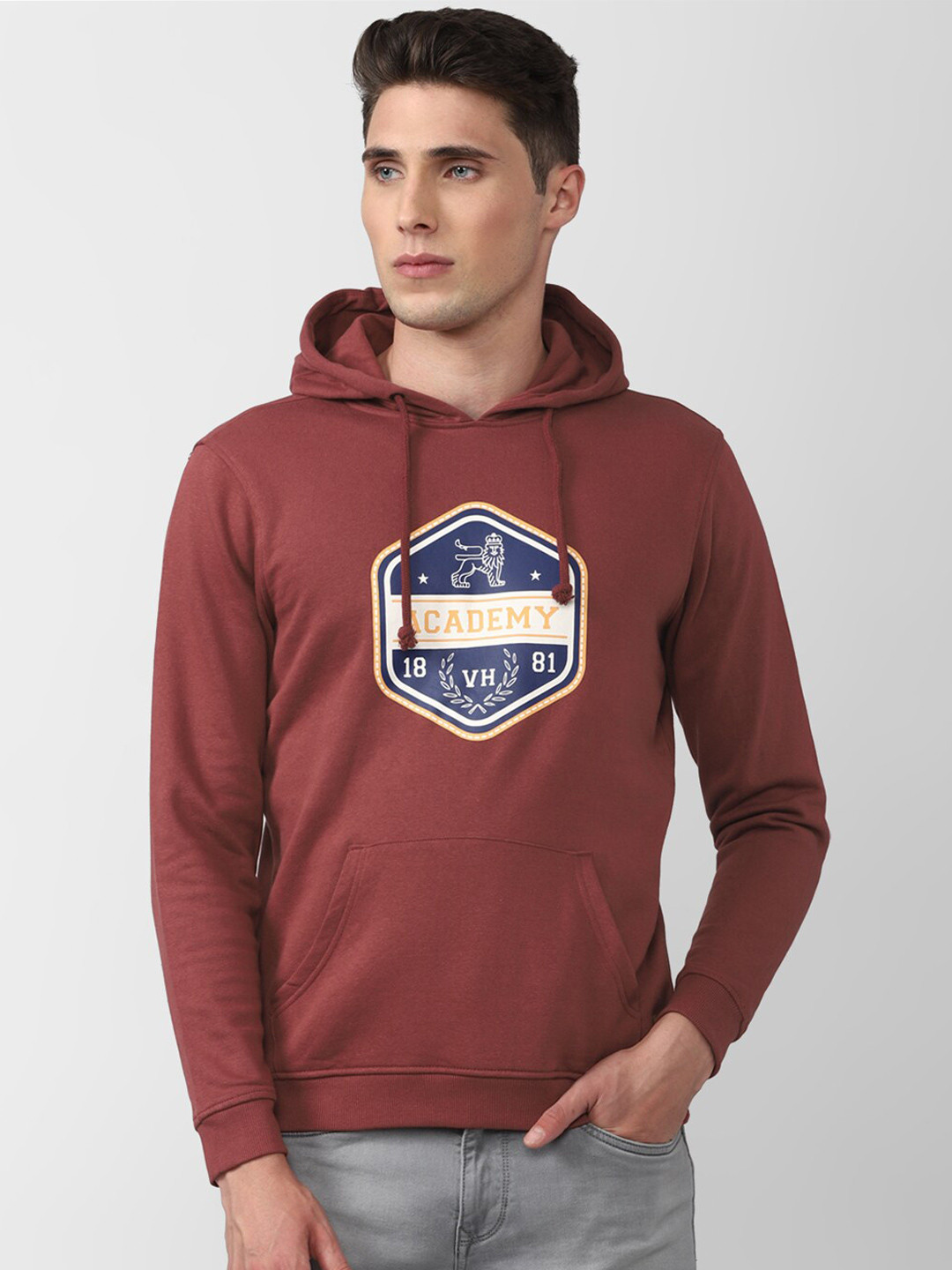 Van Heusen ACADEMY Men Maroon Printed Hooded Sweatshirt