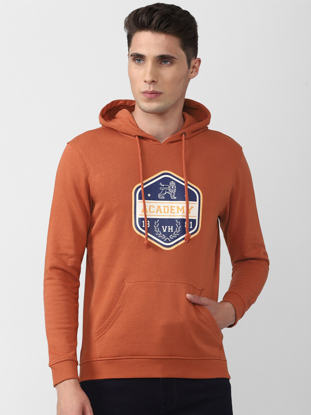 Van Heusen ACADEMY Men Orange Printed Hooded Sweatshirt
