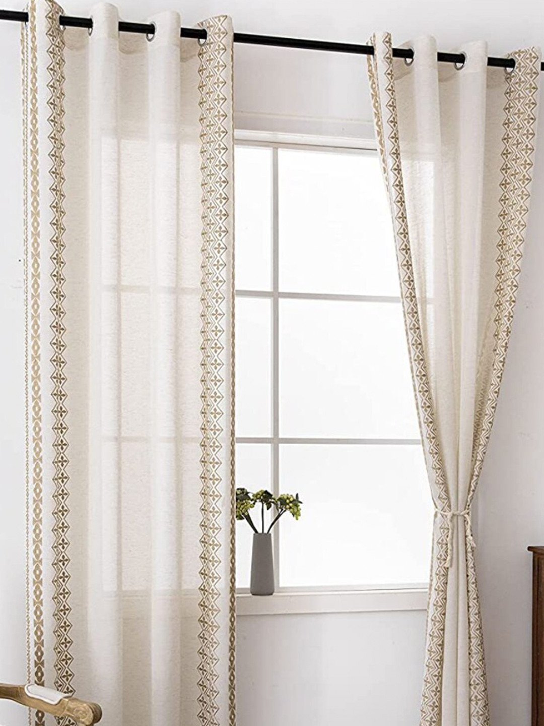 URBAN SPACE Global White & Brown Geometric Embroidered Border Window Curtains