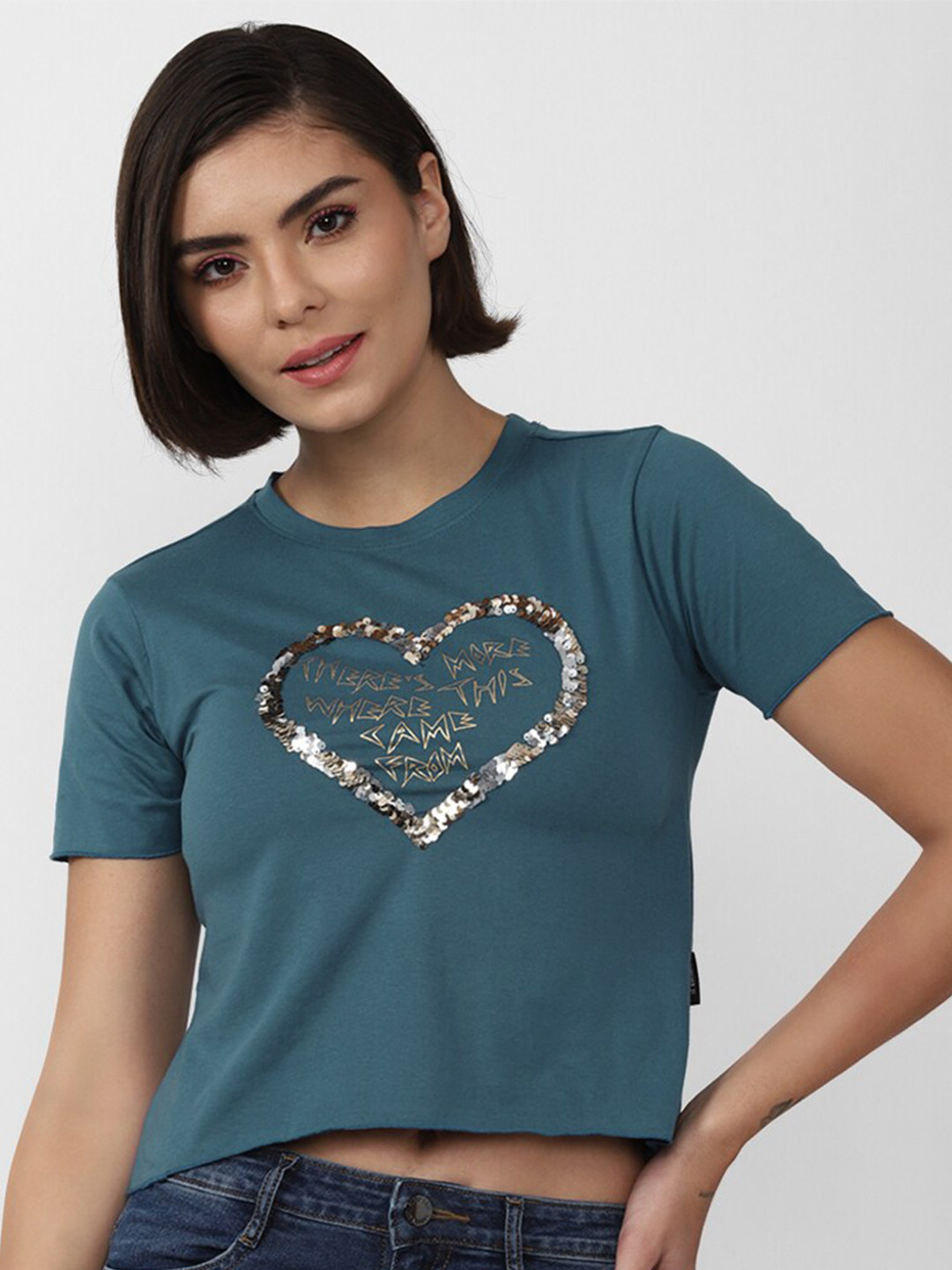 FOREVER 21 Blue Embellished Crop Top
