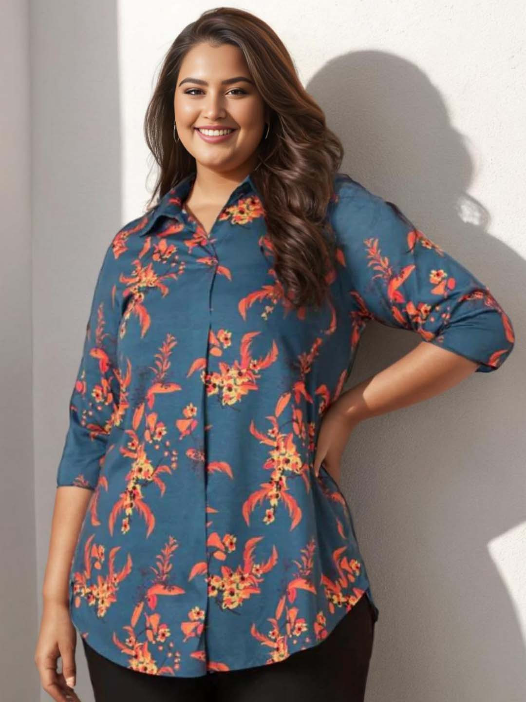 Amydus Plus Size Women Teal Blue & Orange Floral Print Shirt Style Longline Top