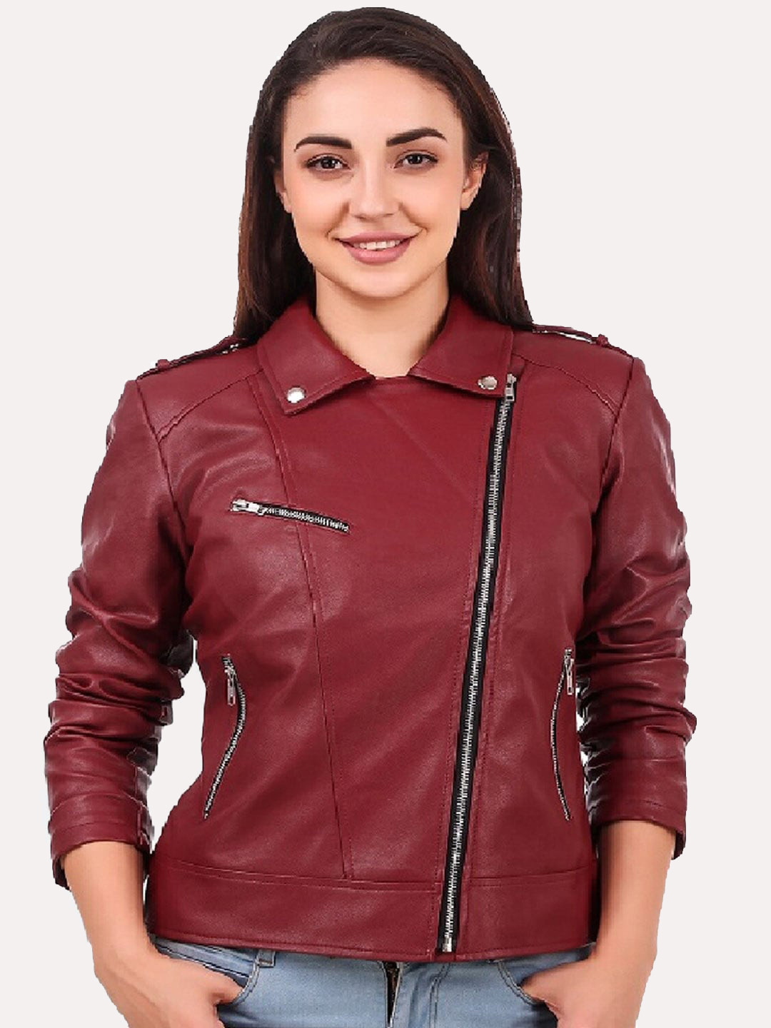 Leather Retail Women Red Crop Outdoor Biker Jacket